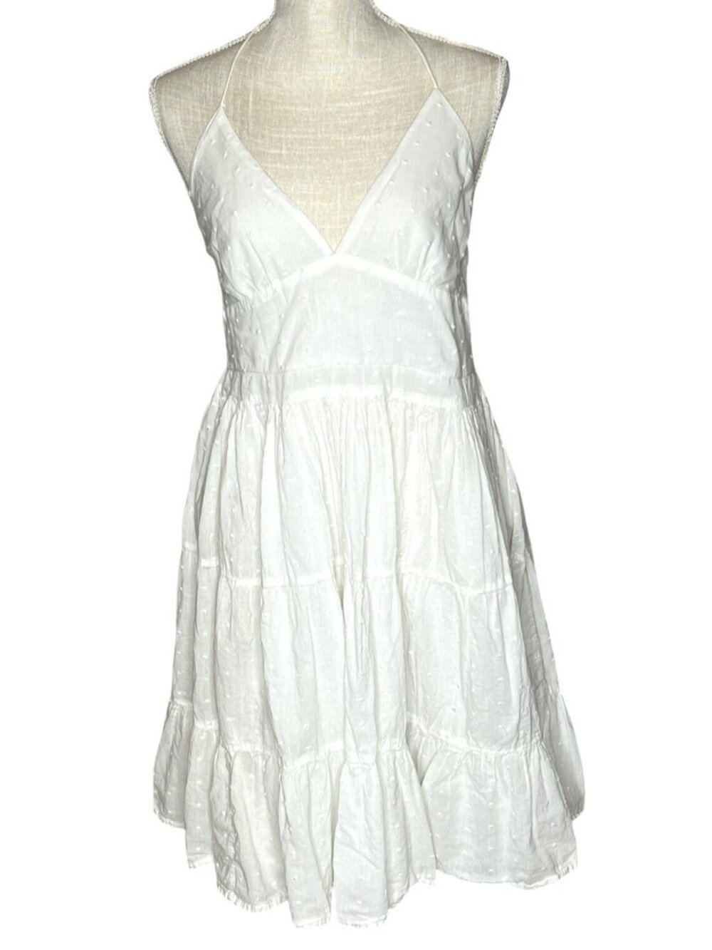 Glamor Angel White Halter Tiered Dress With Polka Dots & Ruffle Hem M